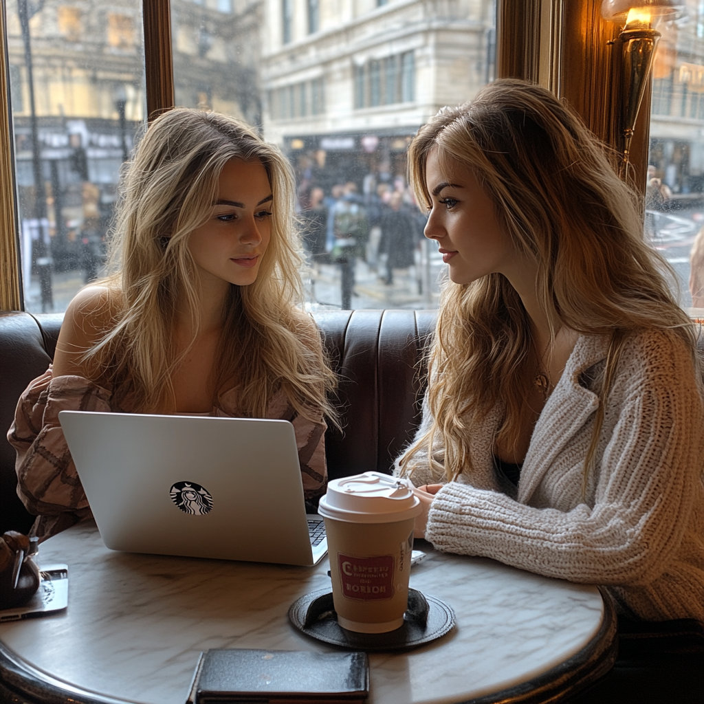 2 Girls Using MacBook Pro M2 Chip in Starbucks 