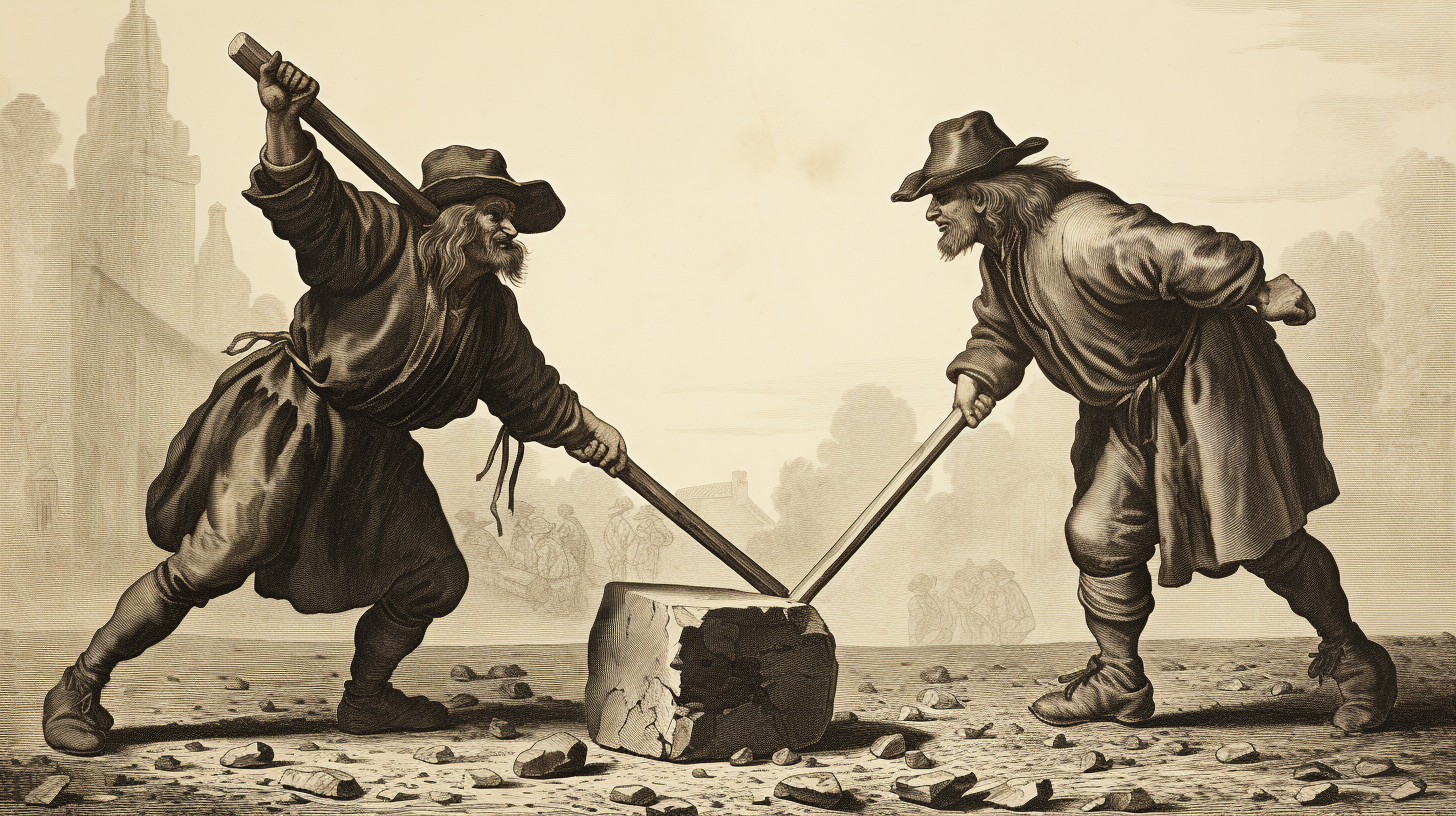 Two men pushing stone with pilgrim hats