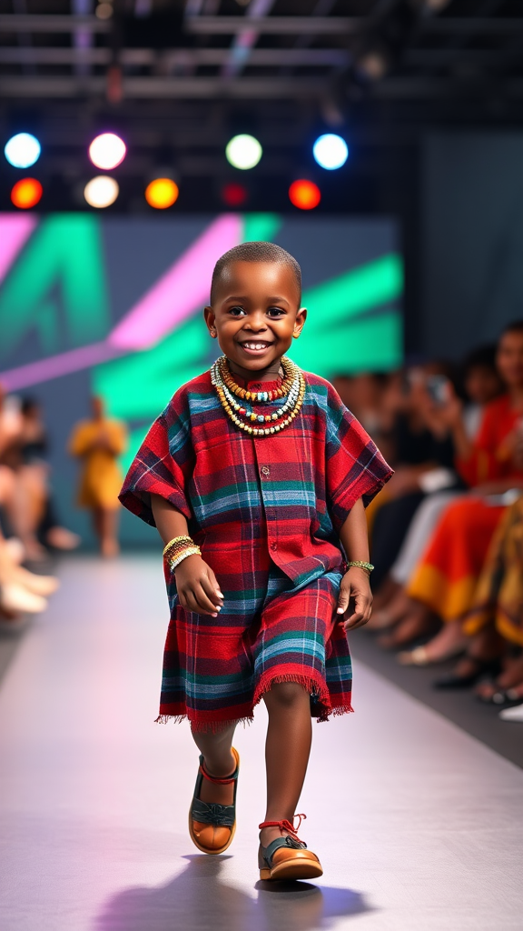 2-year-old Maasai boy in traditional attire strutting confidently.