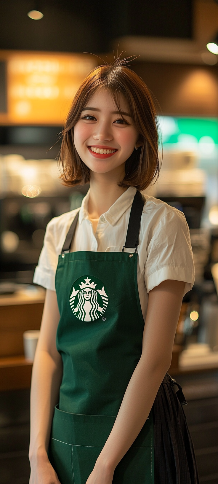 20 year old, top actress face, smiling, neat, Starbucks.