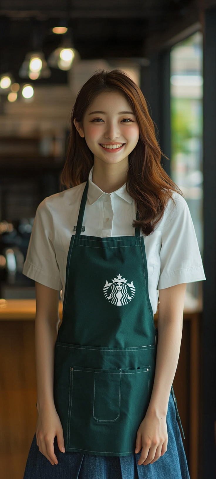 20-year-old Japanese actress, neat Starbucks employee, smiling in apron.