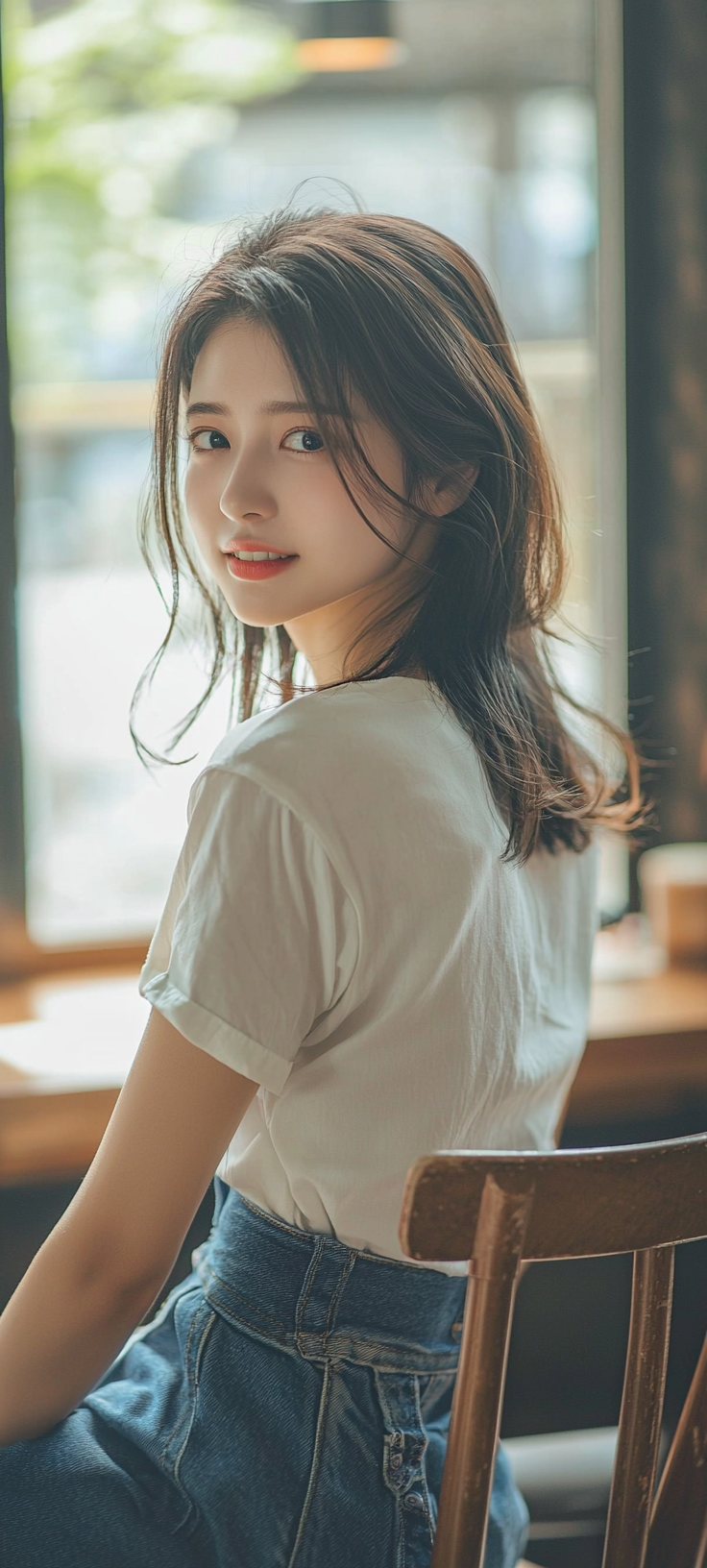 20-year-old Japanese actress with neat, smiling face sitting.