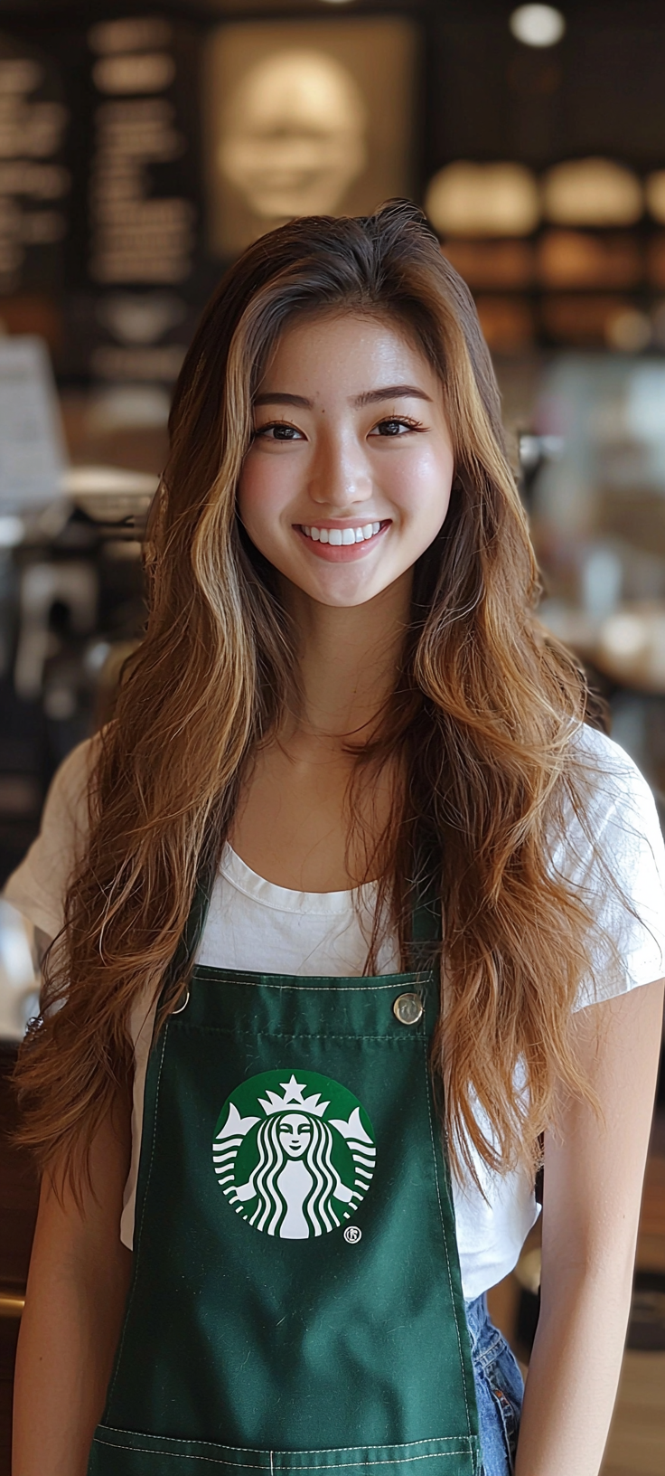 20-year-old Japanese top actress smiling at Starbucks. Star logo.