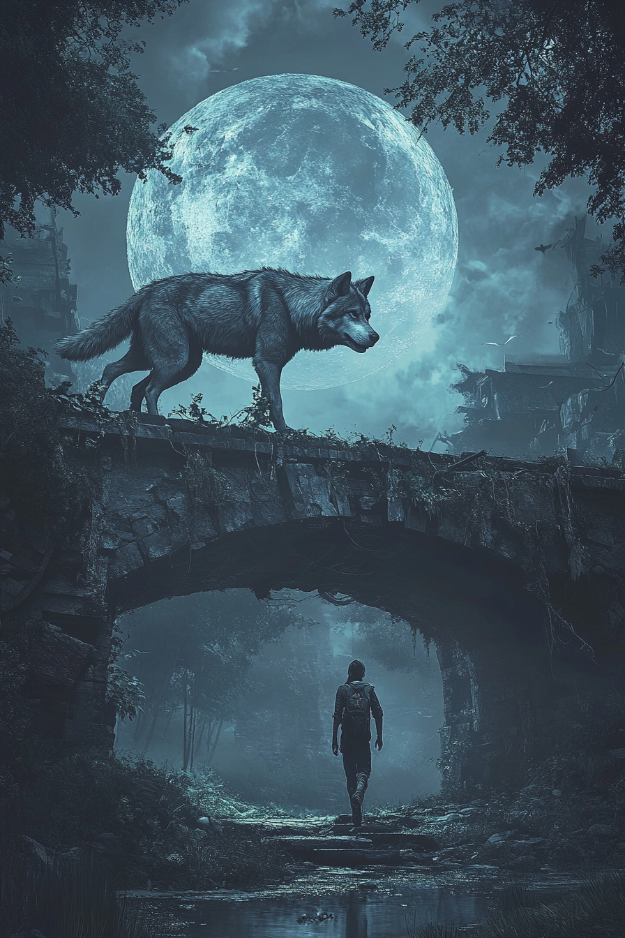 20-year-old man with dark hair, grey eyes, and giant wolf pet, in post-apocalyptic world.