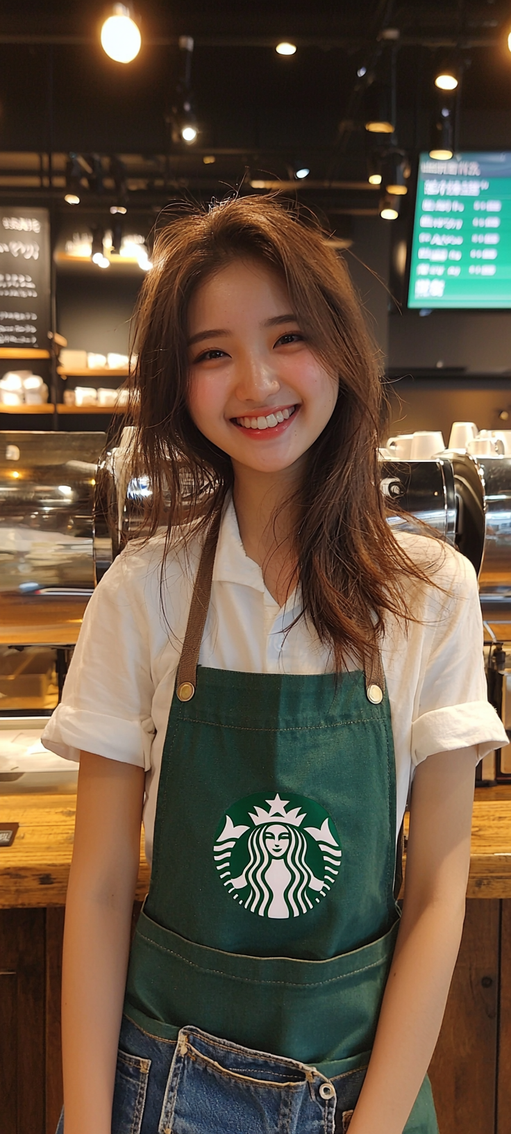 20-year-old top actress working at Starbucks, smiling beautifully.