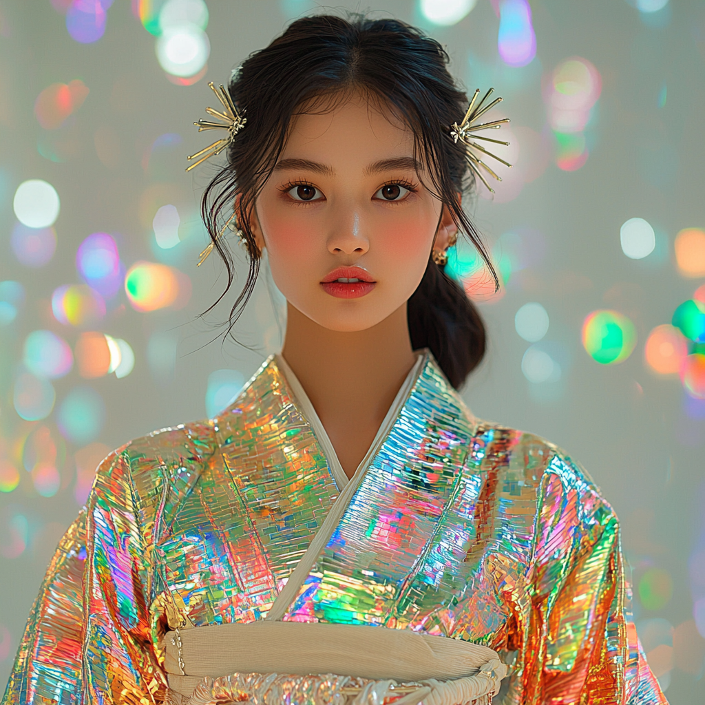 20-year-old woman in futuristic kimono with metallic sheen.