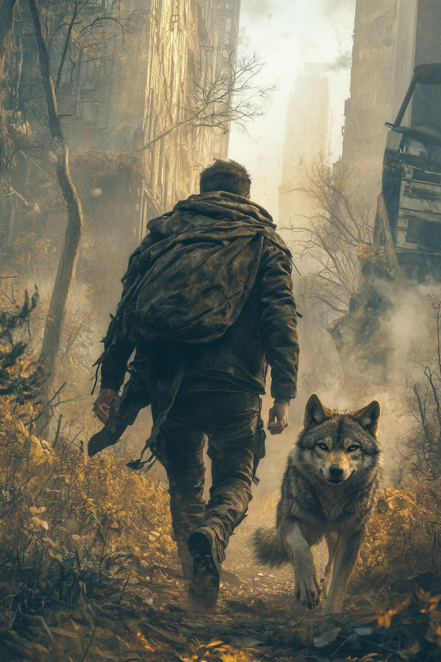 20 years old man with dark hair, grey eyes, big wolf friend, ruined city, post-apocalyptic forest.