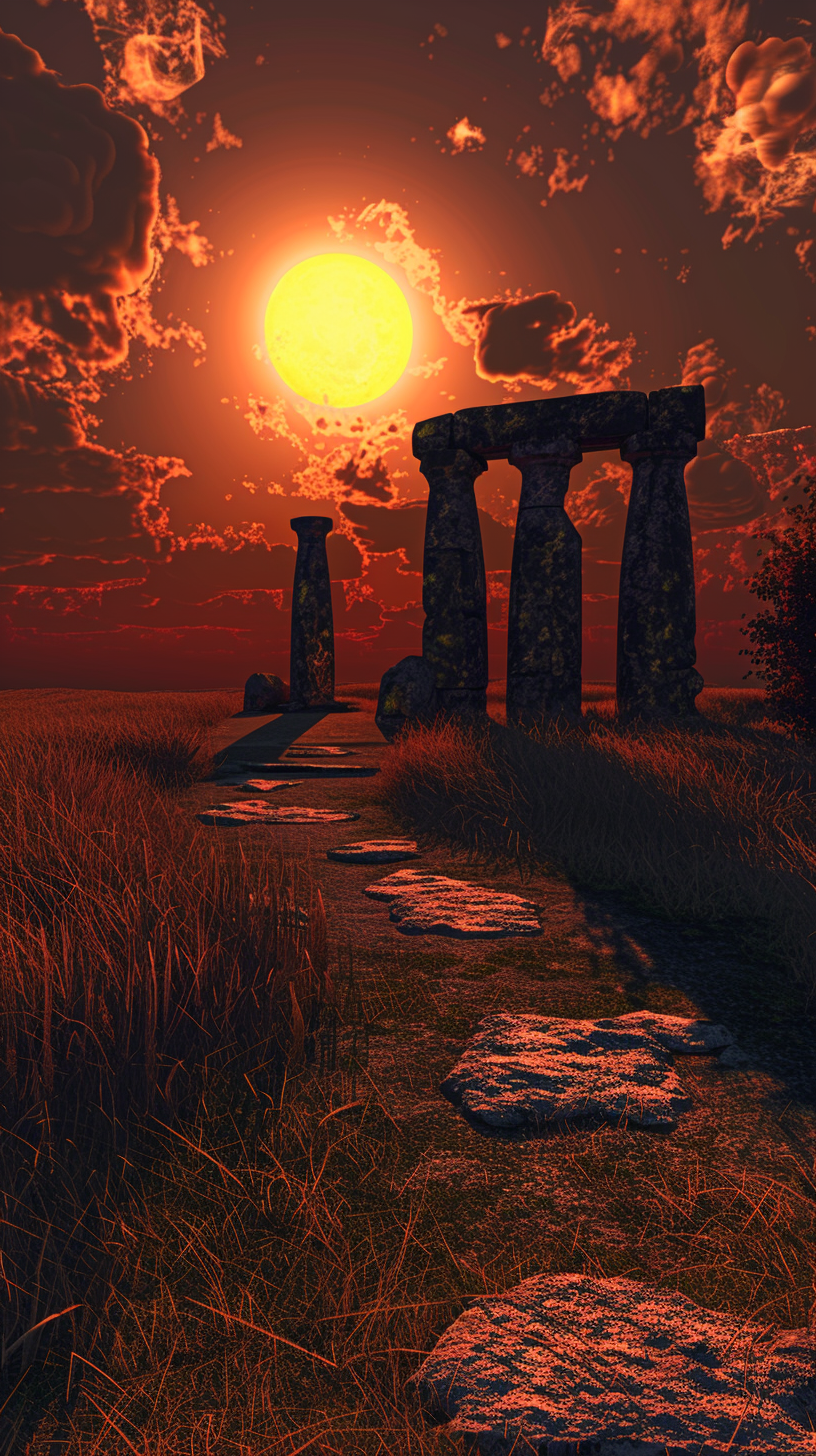 Ancient stone henge sunset field