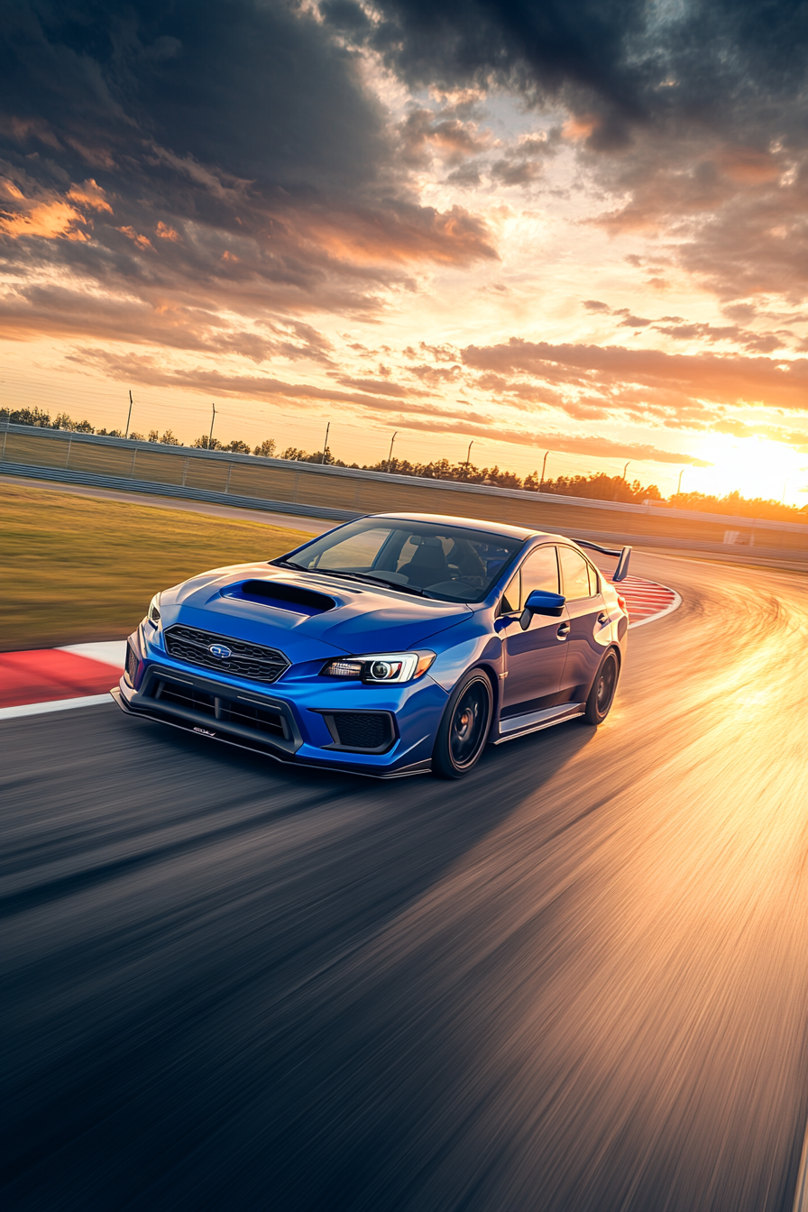 2009 Subaru Impreza WRX STi GH racing at sunset