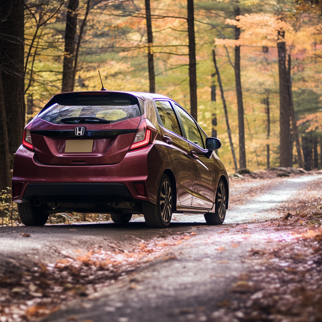 Glamour shot of Honda Fit rallying in forest