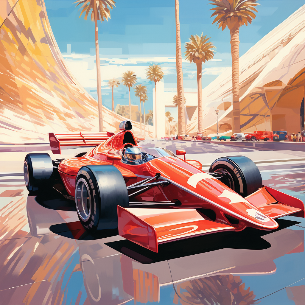 Hyperrealistic painting of a 2023 F1 car in Las Vegas