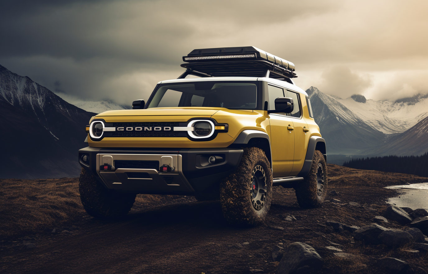 Yellow Toyota FJ Cruiser on rocky mountain trail