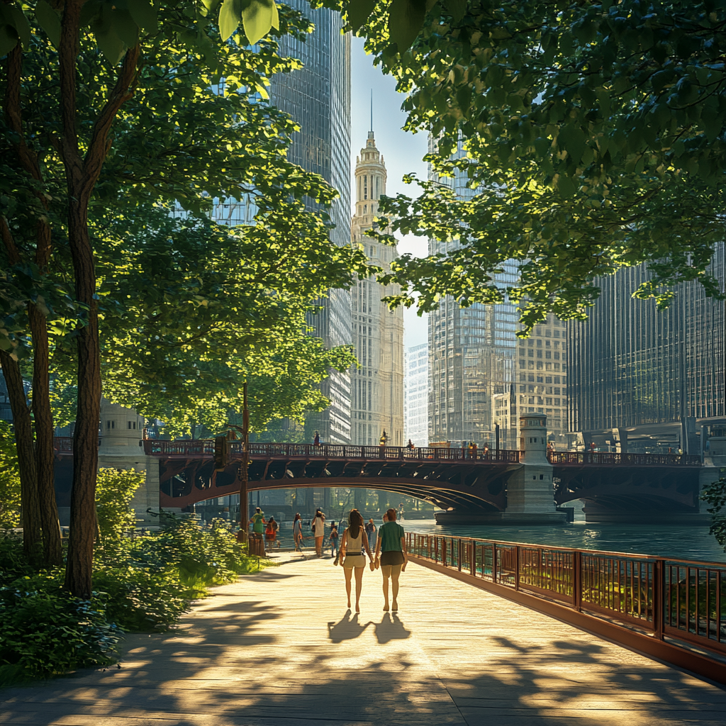 2024 Chicago Cityscape 3D Render with People Walking