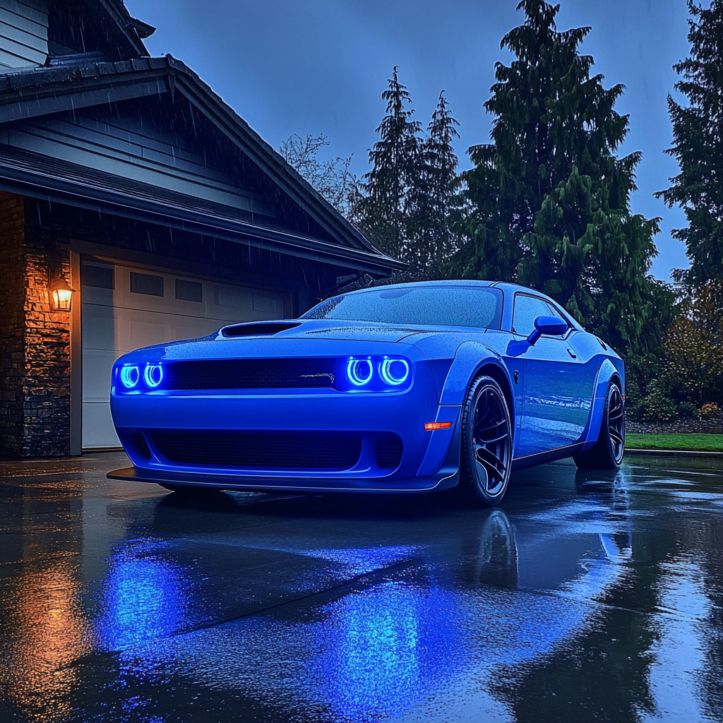 2024 Dodge Challenger Hellcat blue reflects blue lights.