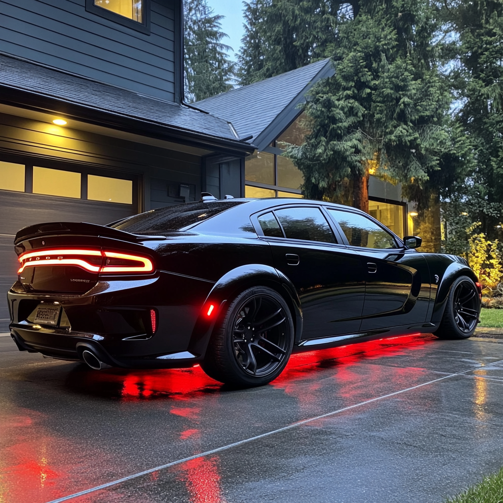 2024 Dodge Charger Hellcat, black, red glow, foggy, parked, Seattle.