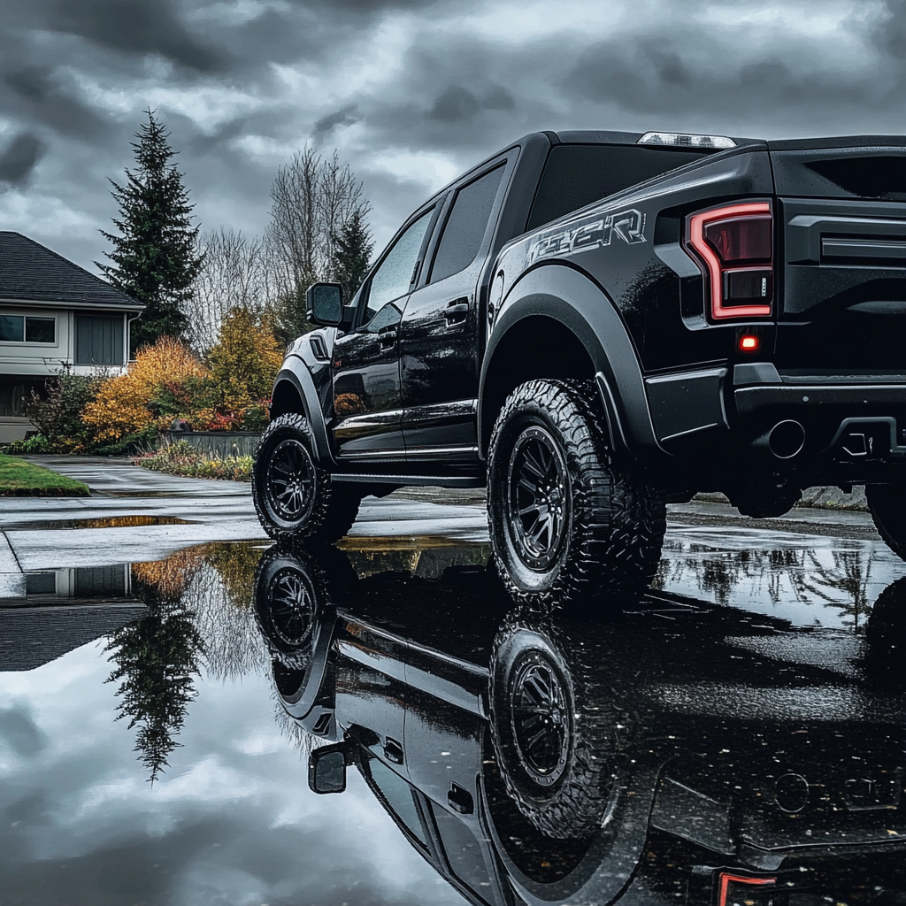 2024 Ford Raptor, flat black, pictures from rear.