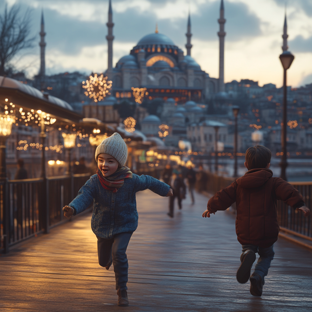 2024 Istanbul Winter Night: Children Running in Old City