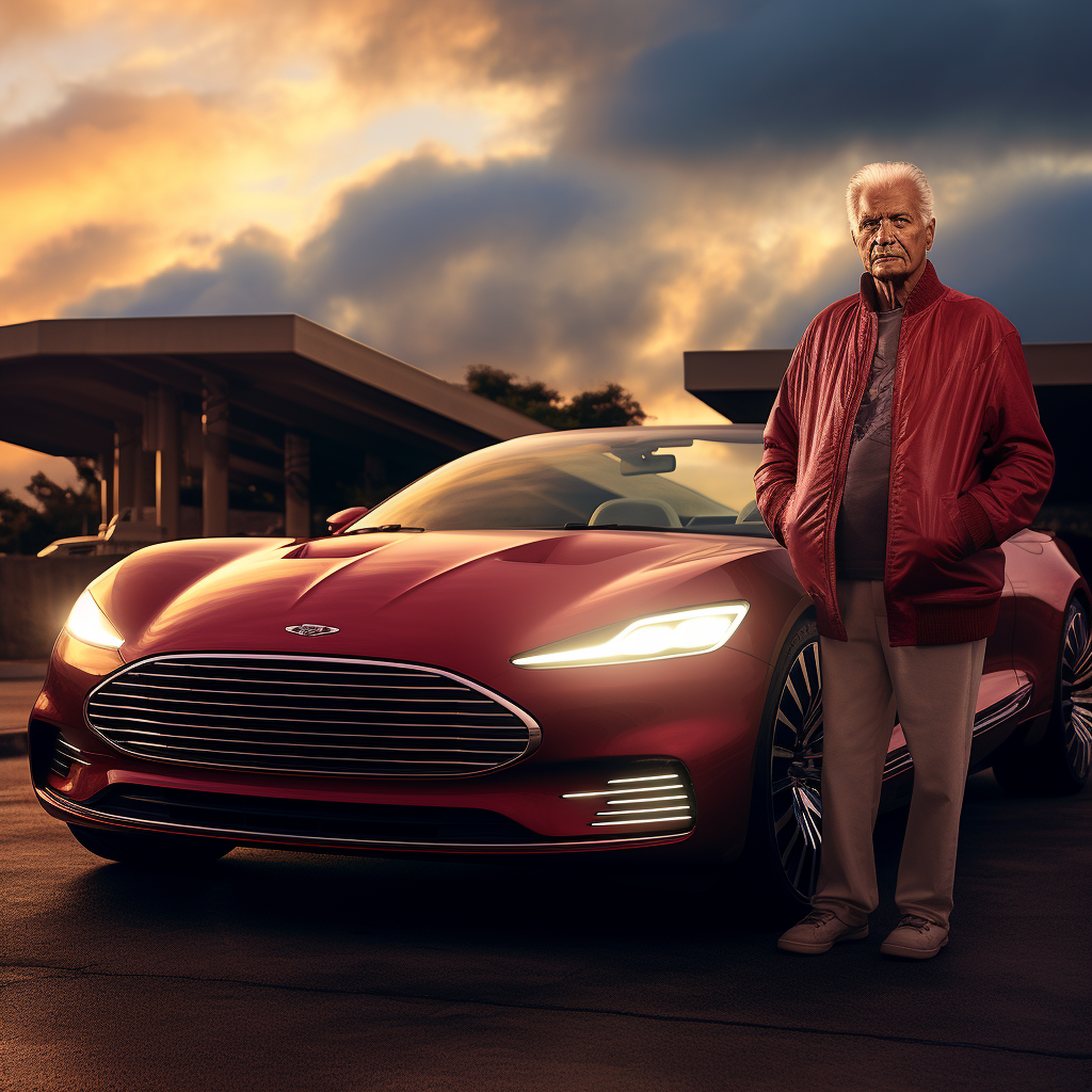 Old man leaning against Ford Thunderbird