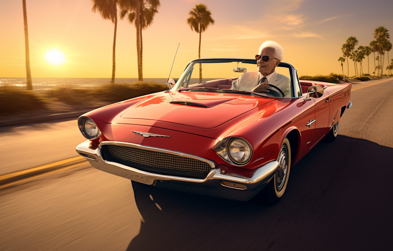 Elderly man enjoying a drive in a Ford Thunderbird Convertible