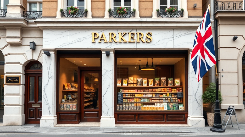 2024 shop 'Parkers' sells English food, with Brit flag.