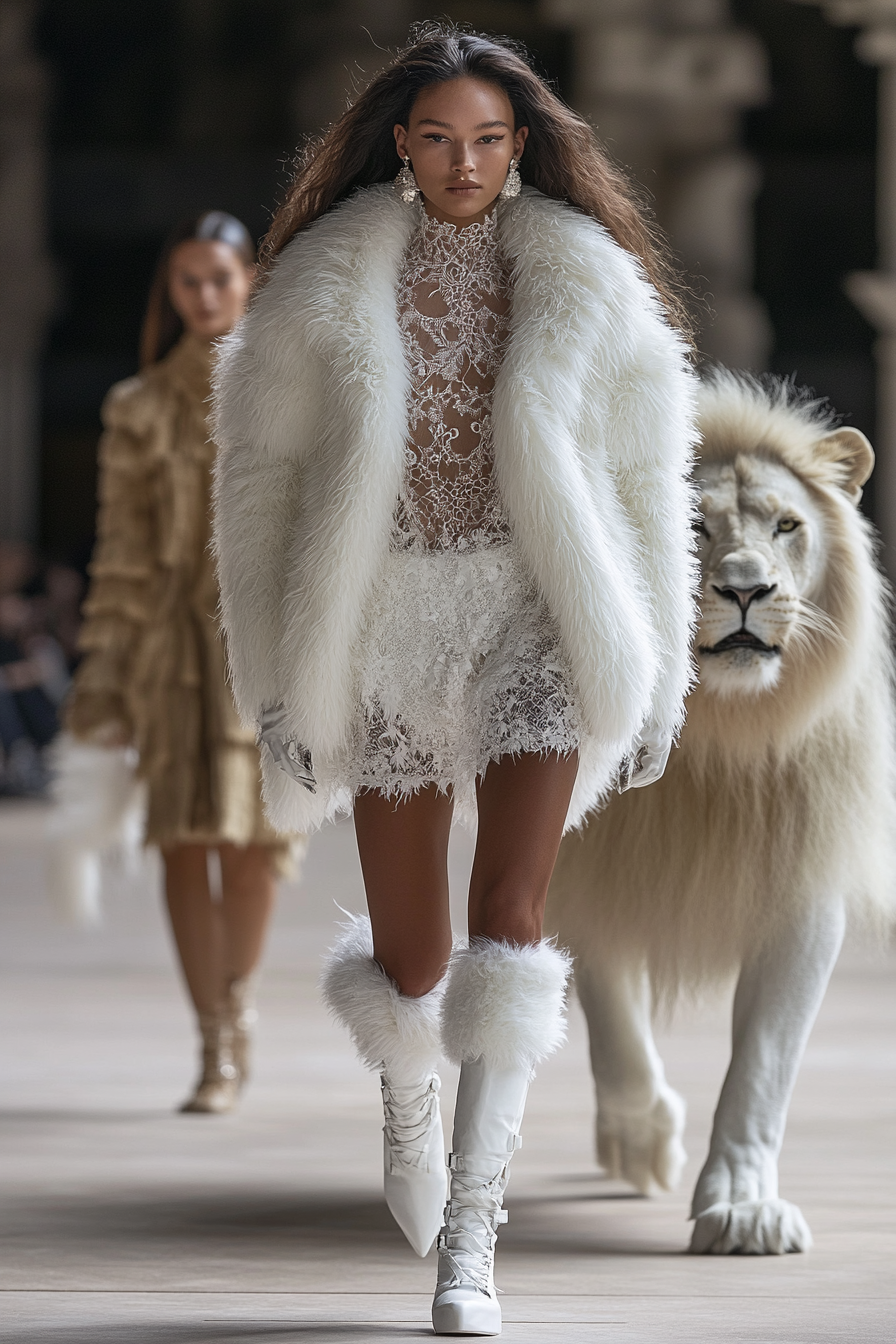 2030s fashion week: model in white jacket, boots, lion.