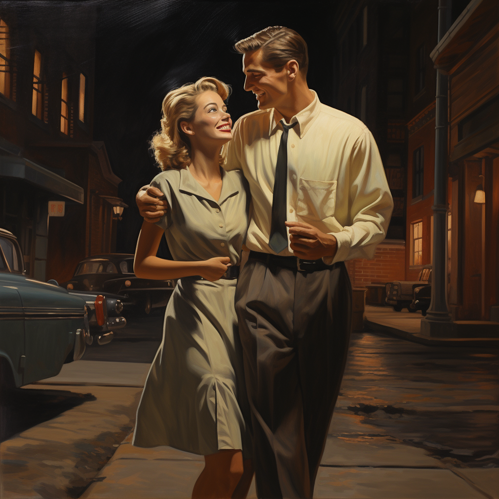 Photorealistic picture of a happy couple walking at night