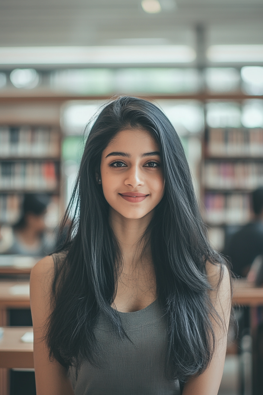 21-year-old Indian supermodel in university library, smiling.