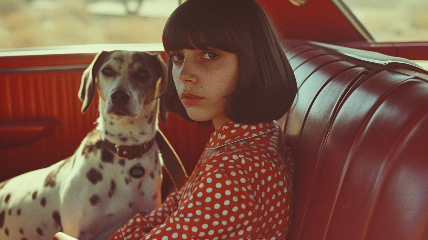 Young girl with brunette bob haircut in vintage car