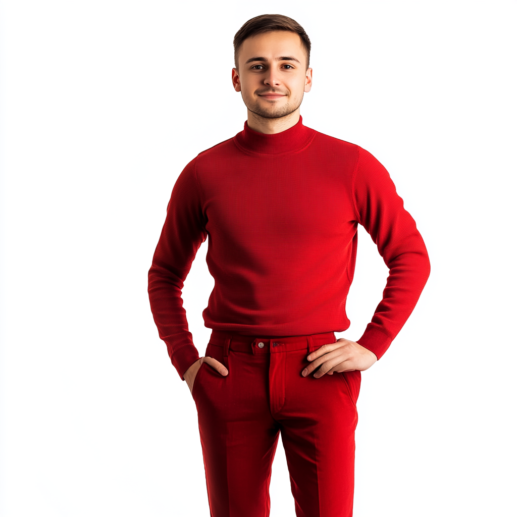 25-year-old man, slim build, red sweater and slacks.