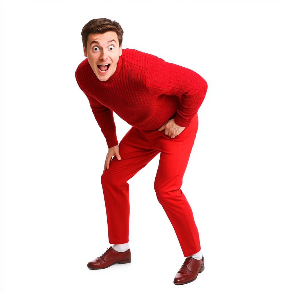 25 year old man in red outfit, leaning excitedly.