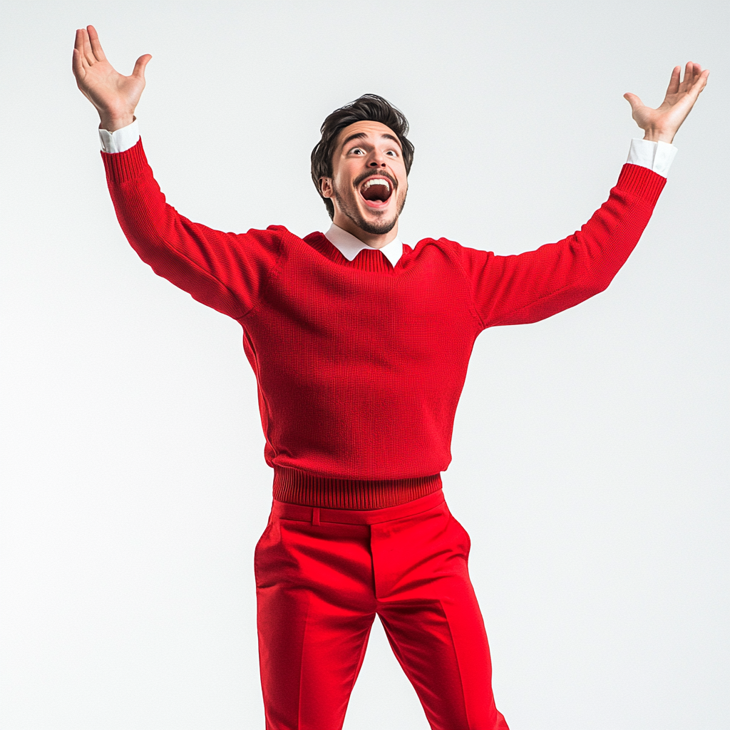 25-year-old man in red outfit looks excited.