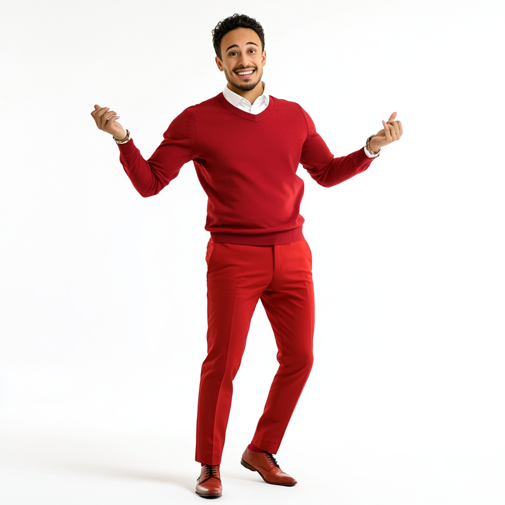 25-year-old man slim build red sweater red slacks excitement.