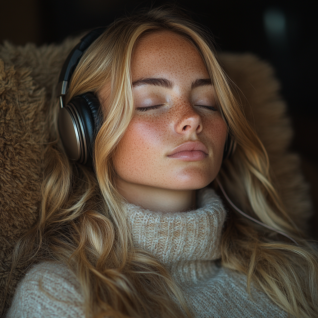 25 year old woman listening to classical music peacefully.