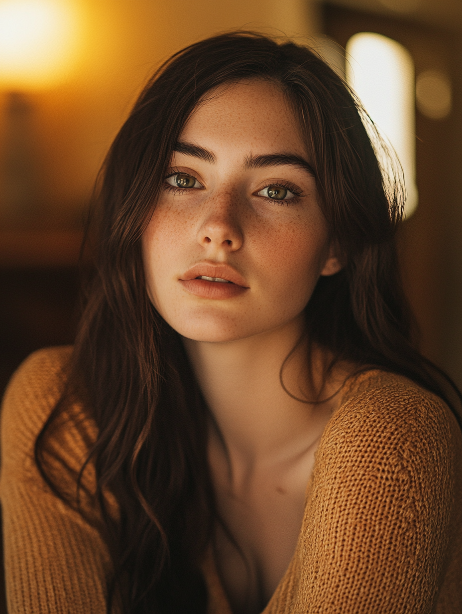 28-Year-Old Woman Gazing Softly at Camera Indoors