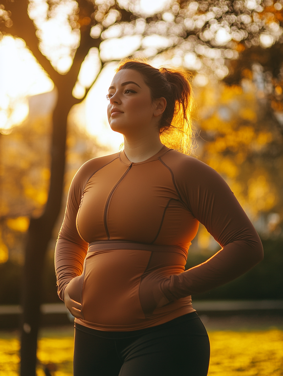 28-year-old chubby woman in sporty outfit at park 