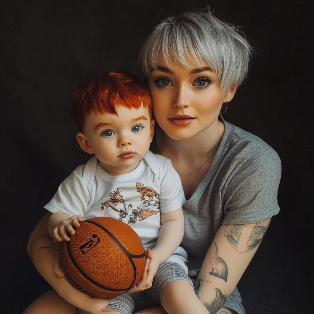 28-year-old mom with silver pixie haircut holding one-year-old boy 