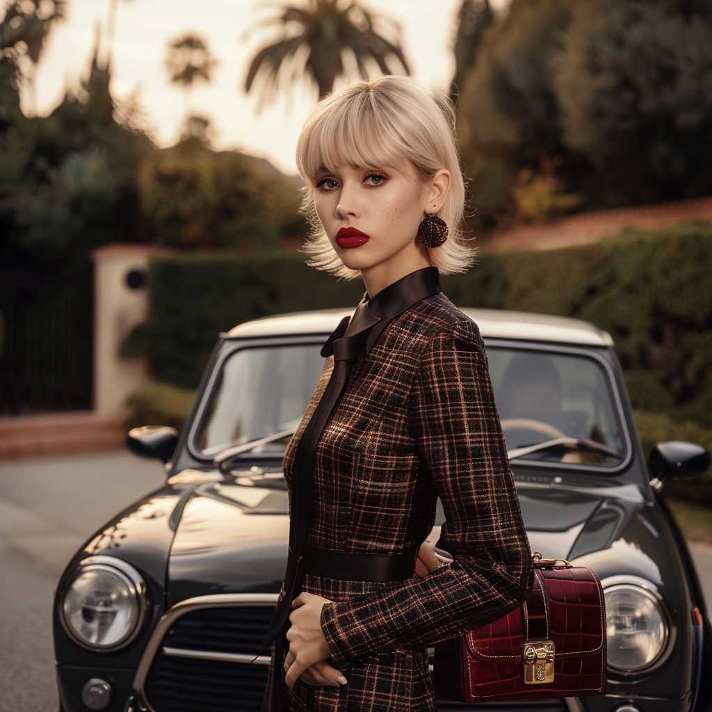 28-year-old woman in elegant Valentino dress outdoors.