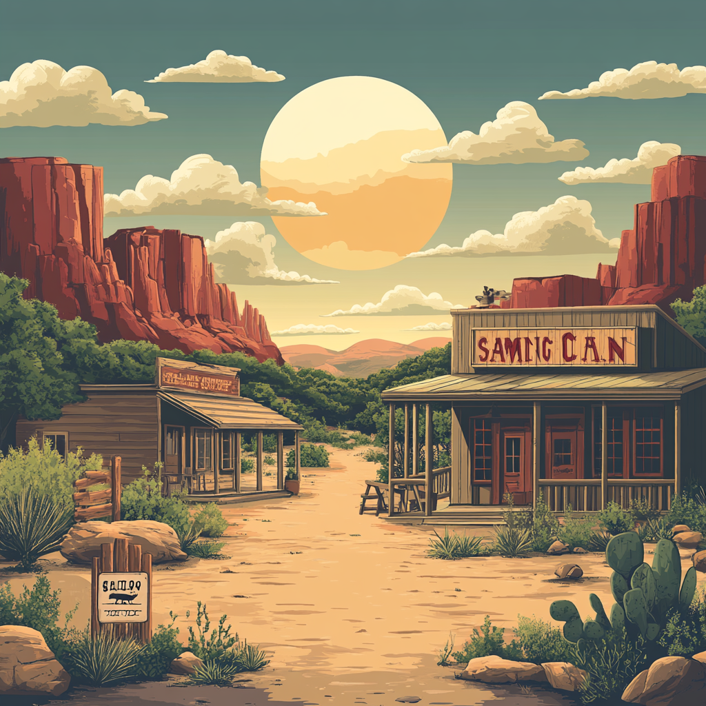 2D Wild West Illustration: Sunny Morning Saloon Scene