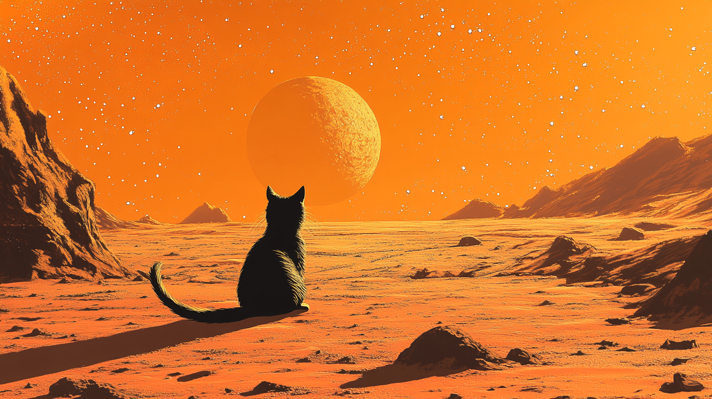 2D art of cat pillow on unknown planet.