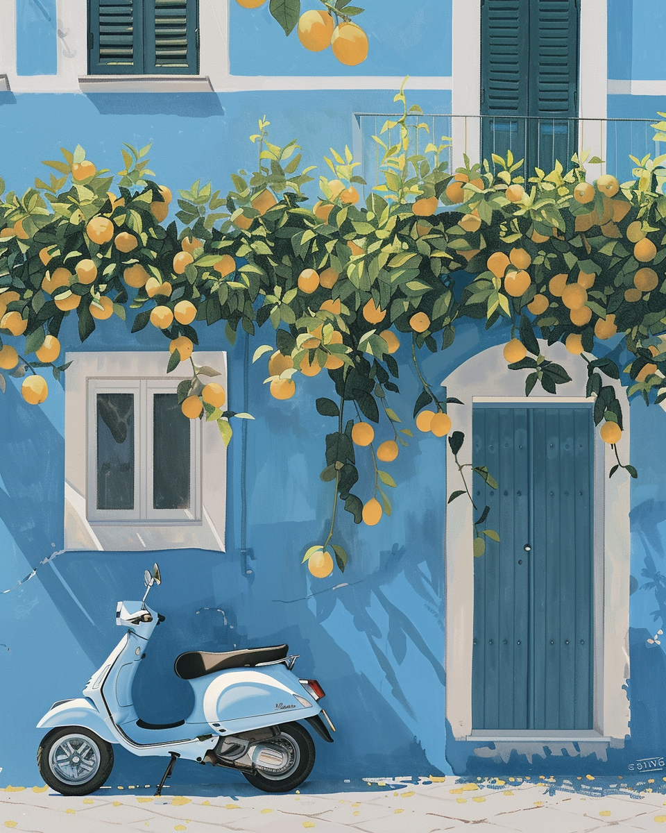 2D gouache painting of blue Sorrento house with Vespa.