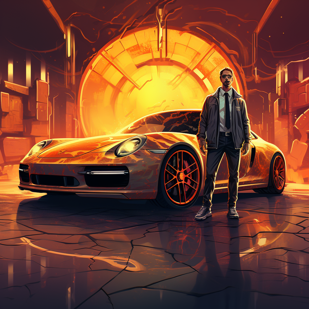 2D Man Illustration Porsche 911 Bitcoins