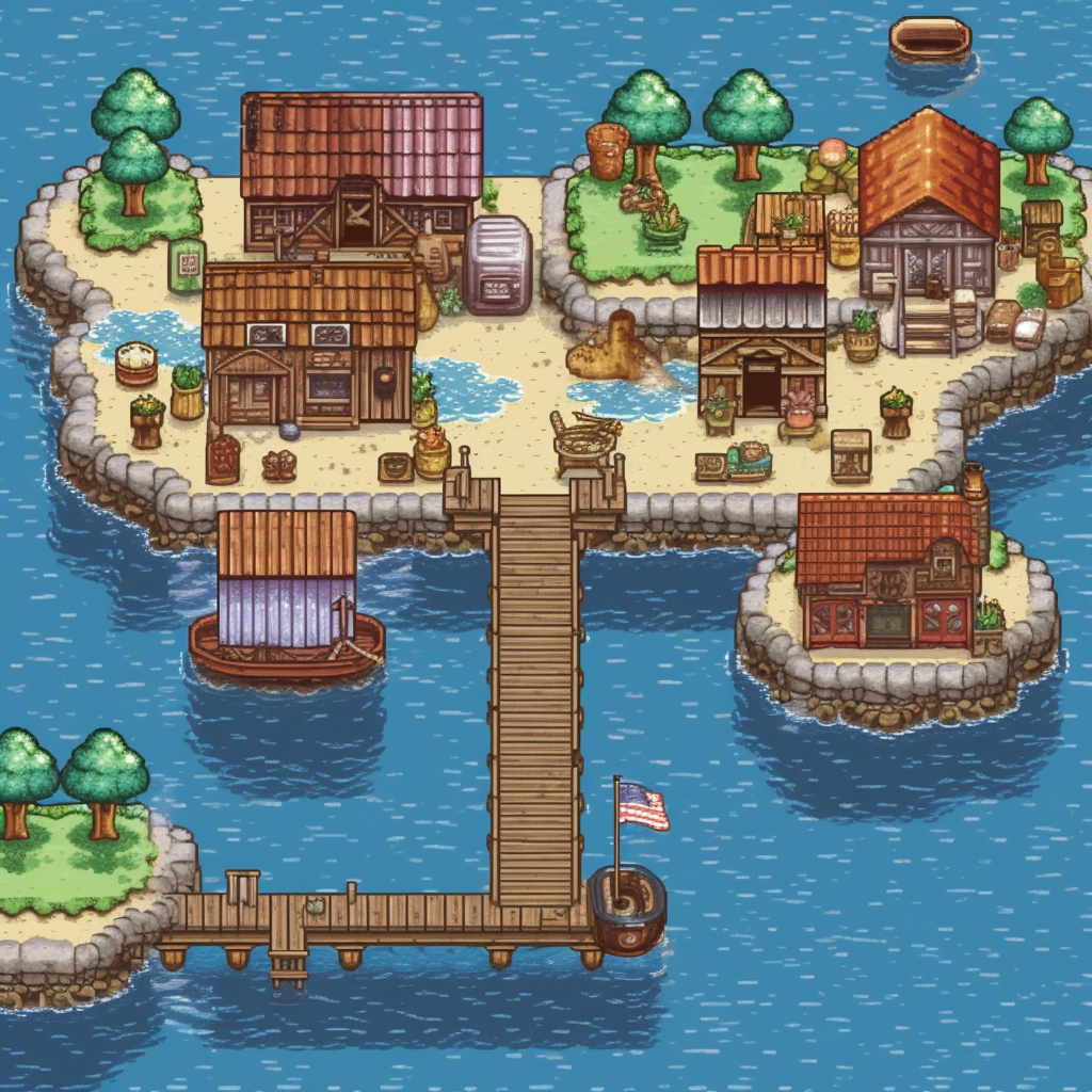 Overworld map of a 2D retro fishing game