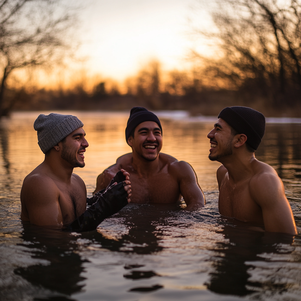 3 Men Laughing in Lake at Sunrise