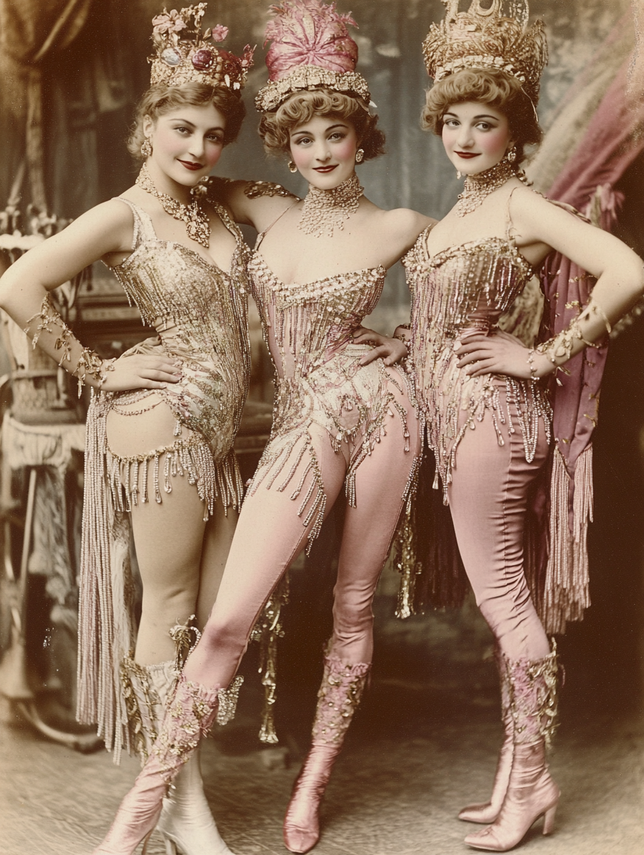 3 female acrobats in backstage circus glamour costumes.