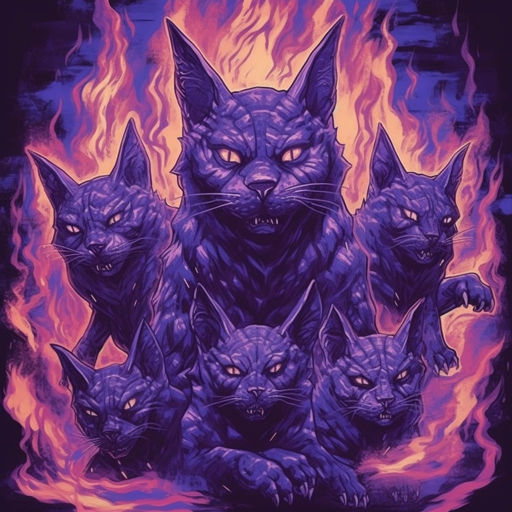 3-headed demon cat based on cerberus, purple background.