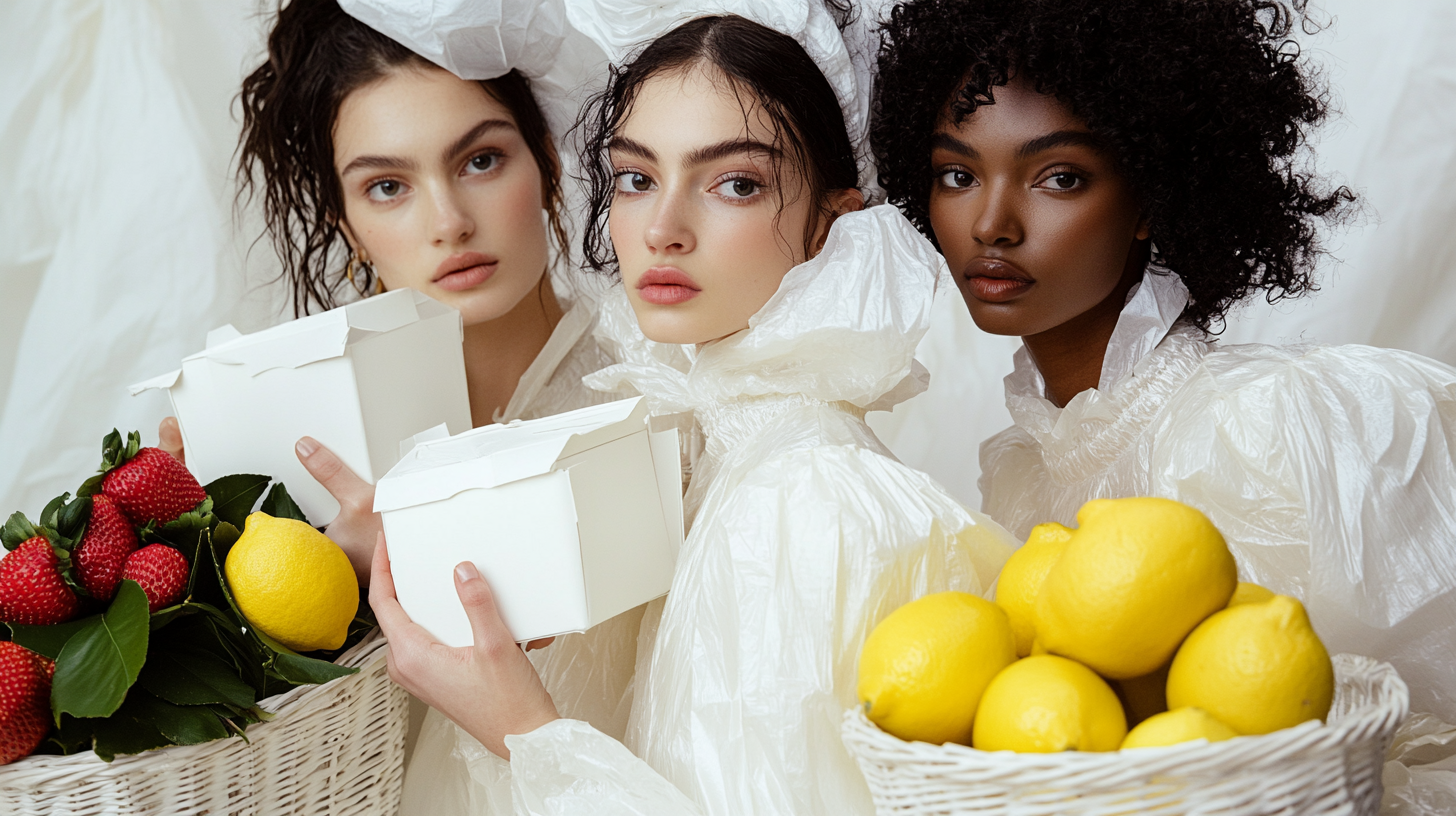 3 models holding milk cartons with fruits, white set.