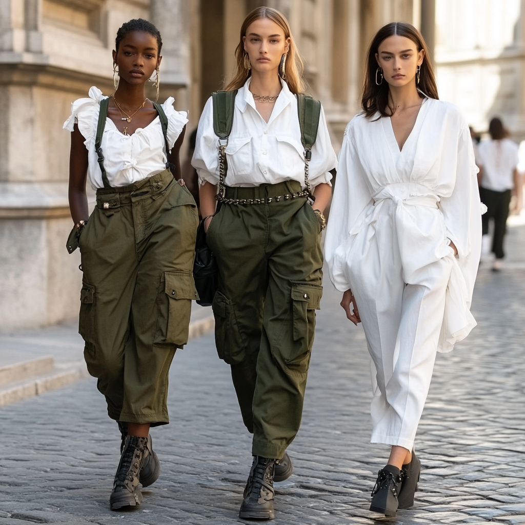 3 models in army green pants, studded barrel leg.