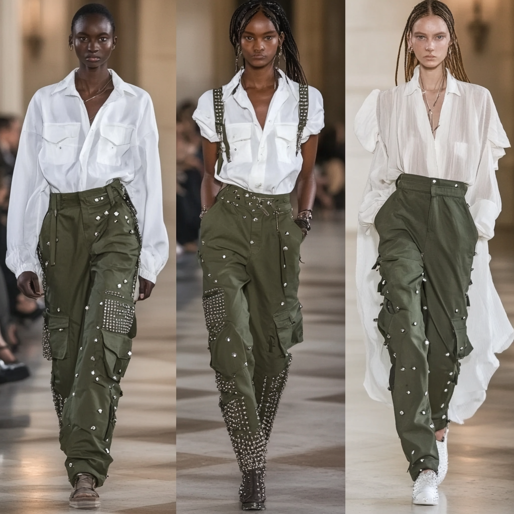 3 models in studded army green pants in Rome.