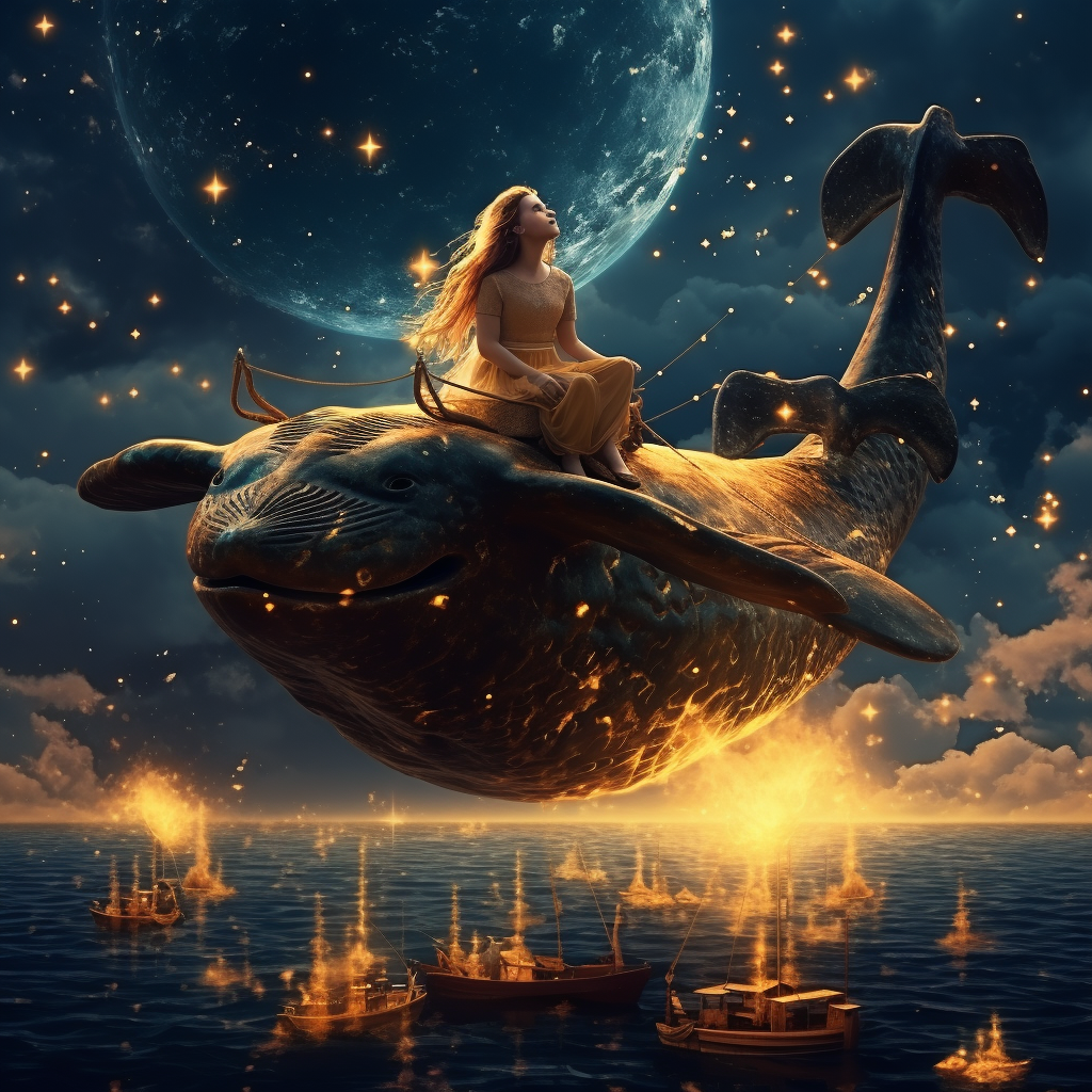 Whales flying in the night sky with girl