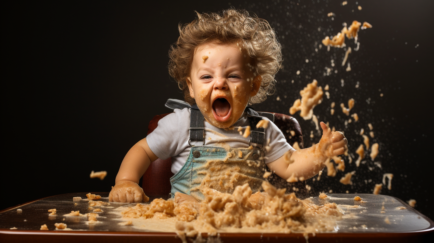 Boy dropping mash from high chair